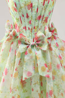 Load image into Gallery viewer, Green Floral Strapless Short Corset Prom Dress with Bows