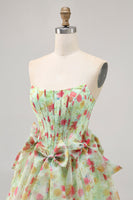 Load image into Gallery viewer, Green Floral Strapless Short Corset Prom Dress with Bows