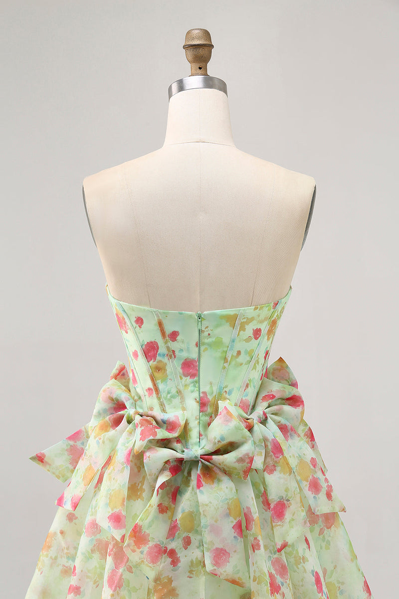 Load image into Gallery viewer, Green Floral Strapless Short Corset Prom Dress with Bows