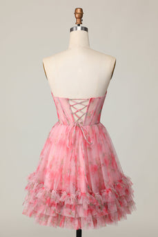 Red Floral Corset Sweetheart Short Prom Dress with Ruffles