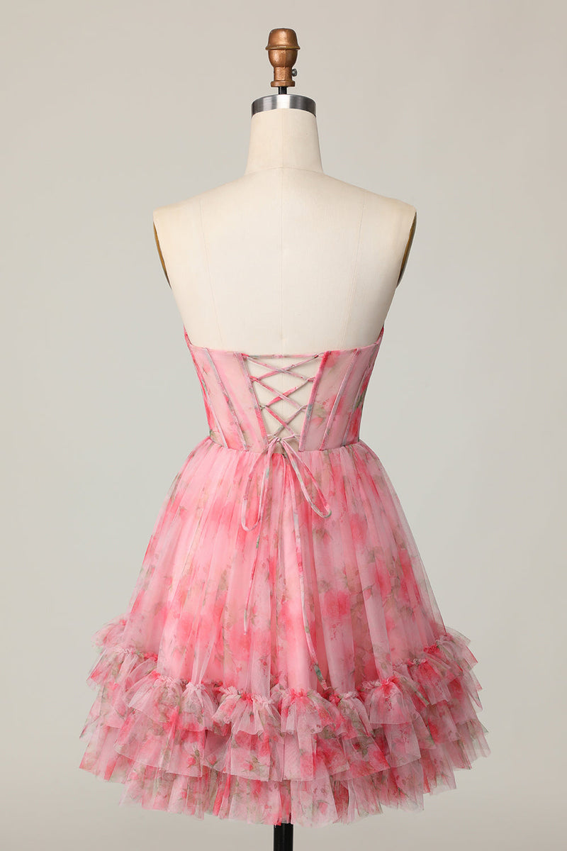 Load image into Gallery viewer, Red Floral Corset Sweetheart Short Prom Dress with Ruffles