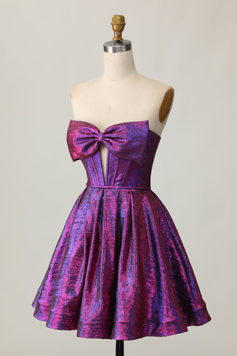 Load image into Gallery viewer, Dark Purple Corset Strapless Metallic Short Prom Dress with Bow
