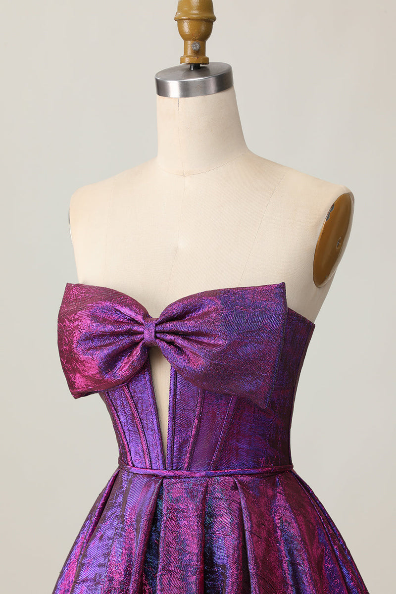 Load image into Gallery viewer, Dark Purple Corset Strapless Metallic Short Prom Dress with Bow