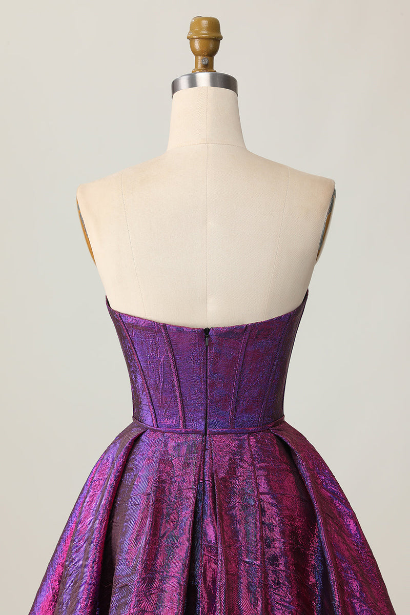 Load image into Gallery viewer, Dark Purple Corset Strapless Metallic Short Prom Dress with Bow