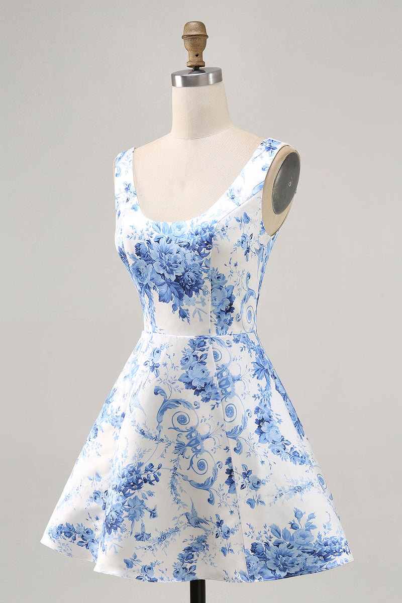 Load image into Gallery viewer, White and Blue Floral Scoop Neck Satin Short Prom Dress