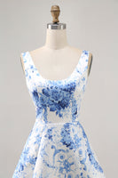 Load image into Gallery viewer, White and Blue Floral Scoop Neck Satin Short Prom Dress