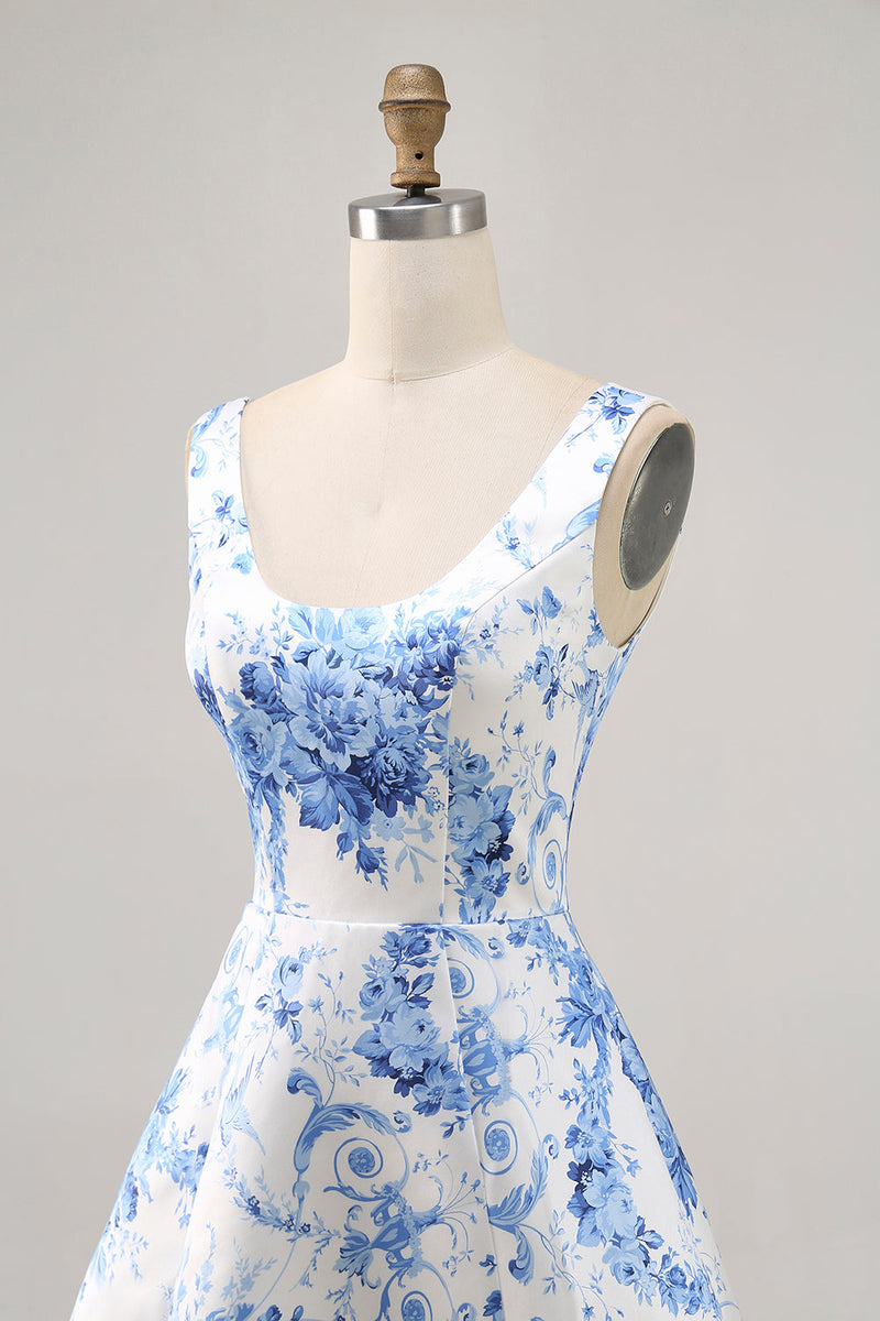 Load image into Gallery viewer, White and Blue Floral Scoop Neck Satin Short Prom Dress