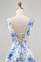 Load image into Gallery viewer, White and Blue Floral Scoop Neck Satin Short Prom Dress