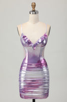 Load image into Gallery viewer, Silver Purple Metallic Bodycon Spaghetti Straps Short Prom Dress