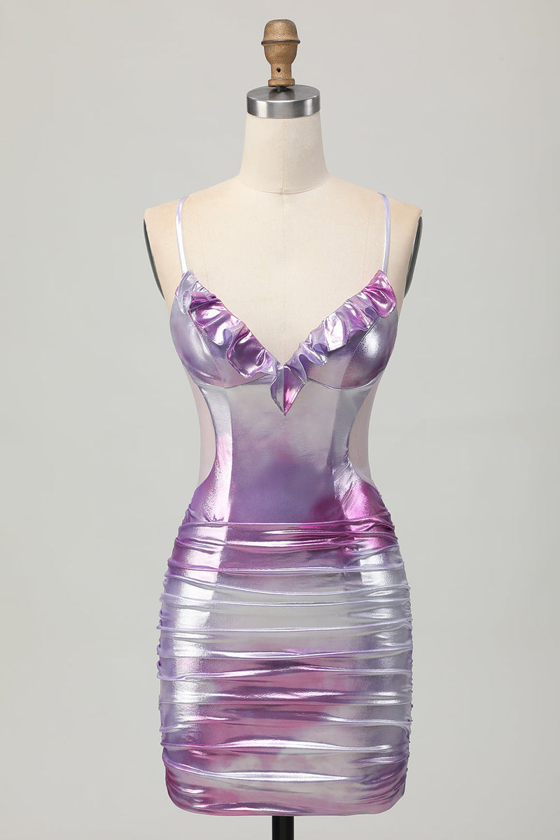 Load image into Gallery viewer, Silver Purple Metallic Bodycon Spaghetti Straps Short Prom Dress