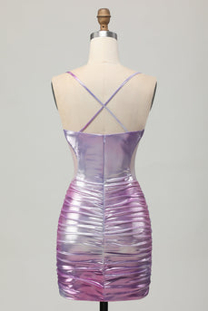 Silver Purple Metallic Bodycon Spaghetti Straps Short Prom Dress