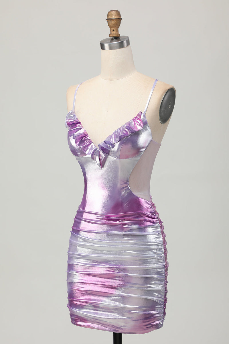 Load image into Gallery viewer, Silver Purple Metallic Bodycon Spaghetti Straps Short Prom Dress