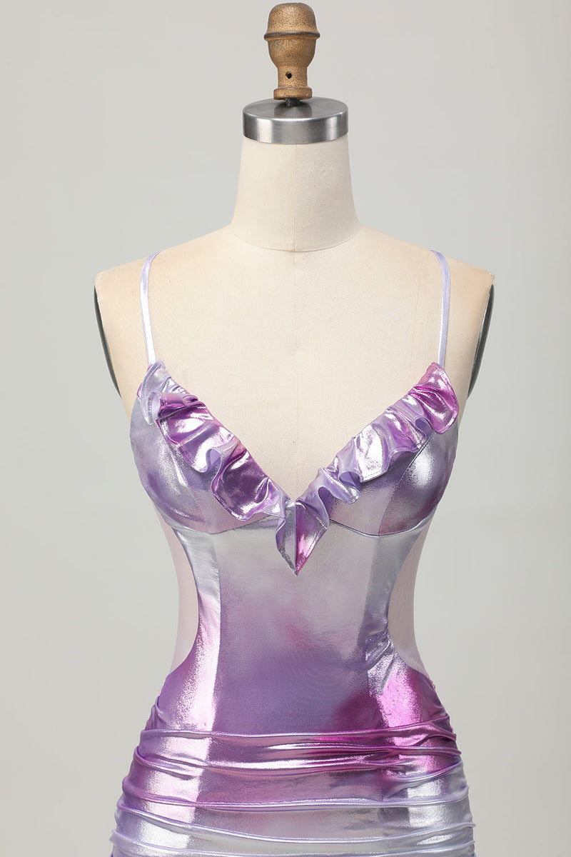 Load image into Gallery viewer, Silver Purple Metallic Bodycon Spaghetti Straps Short Prom Dress