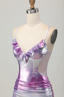 Load image into Gallery viewer, Silver Purple Metallic Bodycon Spaghetti Straps Short Prom Dress