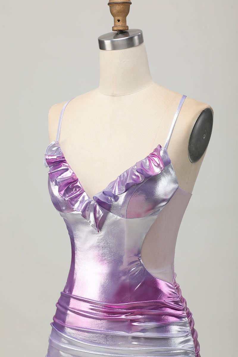 Load image into Gallery viewer, Silver Purple Metallic Bodycon Spaghetti Straps Short Prom Dress