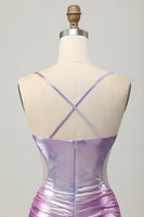 Load image into Gallery viewer, Silver Purple Metallic Bodycon Spaghetti Straps Short Prom Dress