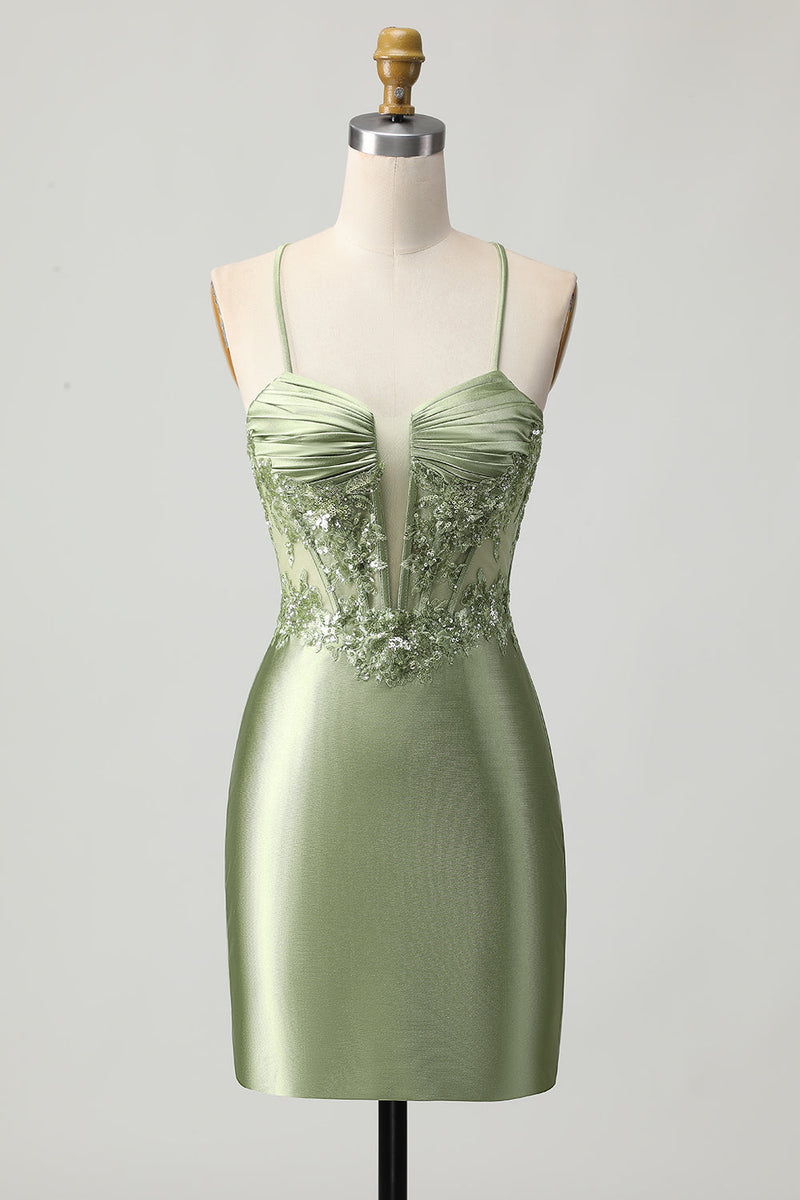 Load image into Gallery viewer, Sparkly Sage Green Corset Tight Short Satin Prom Dress