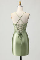 Load image into Gallery viewer, Sparkly Sage Green Corset Tight Short Satin Prom Dress
