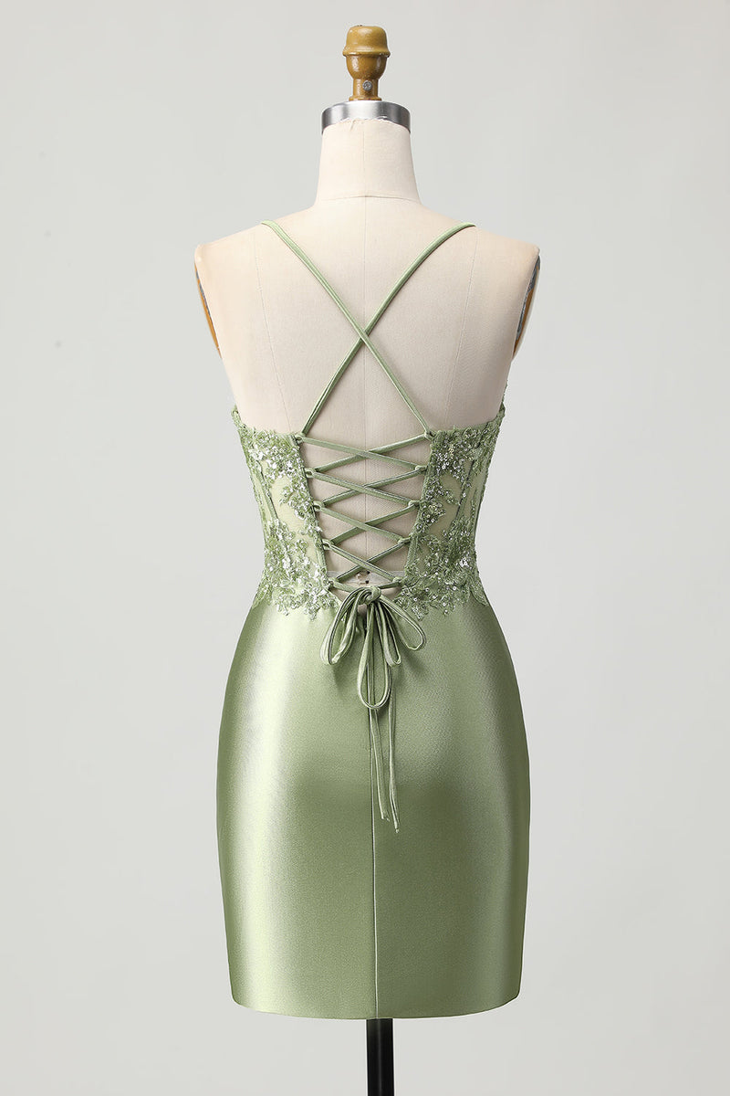 Load image into Gallery viewer, Sparkly Sage Green Corset Tight Short Satin Prom Dress