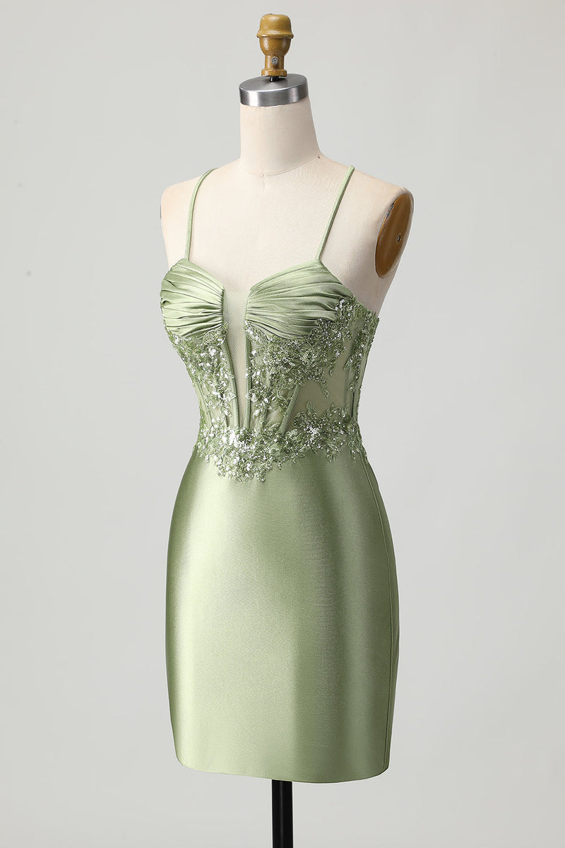Load image into Gallery viewer, Sparkly Sage Green Corset Tight Short Satin Prom Dress