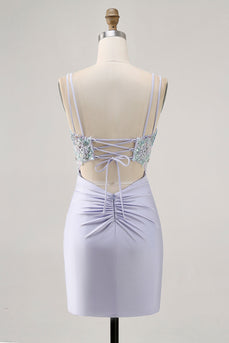 Lavender Satin Floral Corset Short Prom Dress with Lace