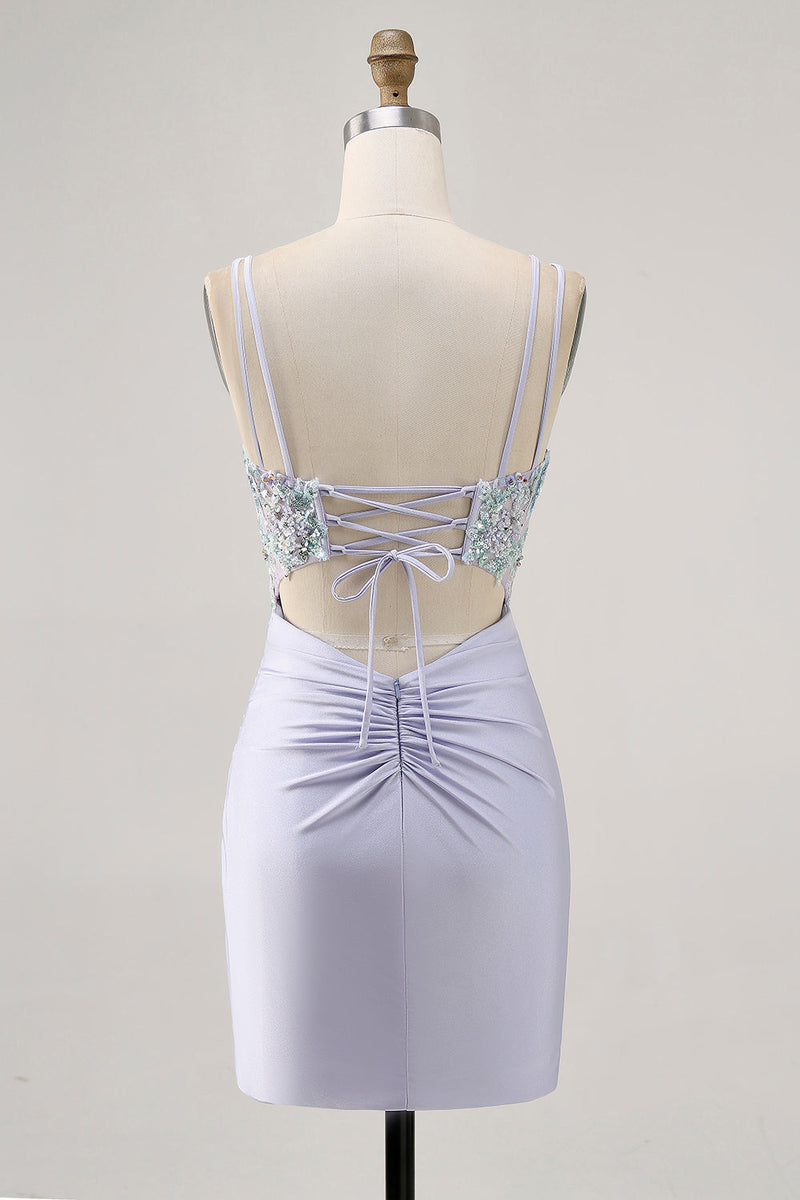Load image into Gallery viewer, Lavender Satin Floral Corset Short Prom Dress with Lace