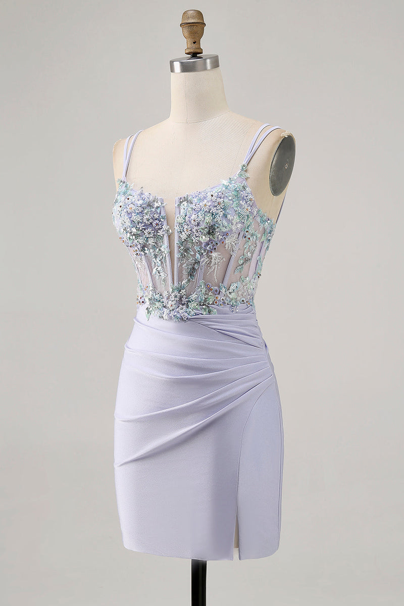 Load image into Gallery viewer, Lavender Satin Floral Corset Short Prom Dress with Lace
