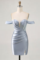 Load image into Gallery viewer, Sparkly Dusty Blue Satin Corset Tight Short Prom Dress with Beading