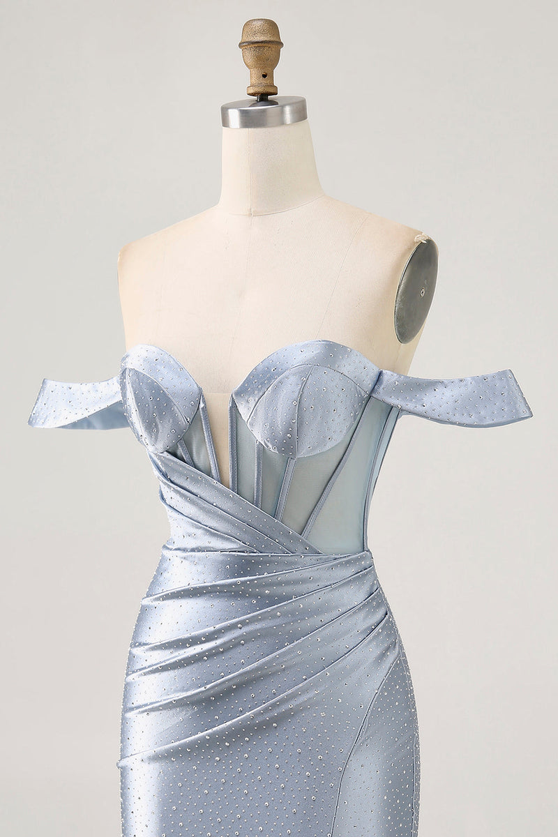 Load image into Gallery viewer, Sparkly Dusty Blue Satin Corset Tight Short Prom Dress with Beading
