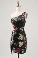 Load image into Gallery viewer, Sparkly Black Sequin Floral One Shoulder Short Prom Dress with Fringes