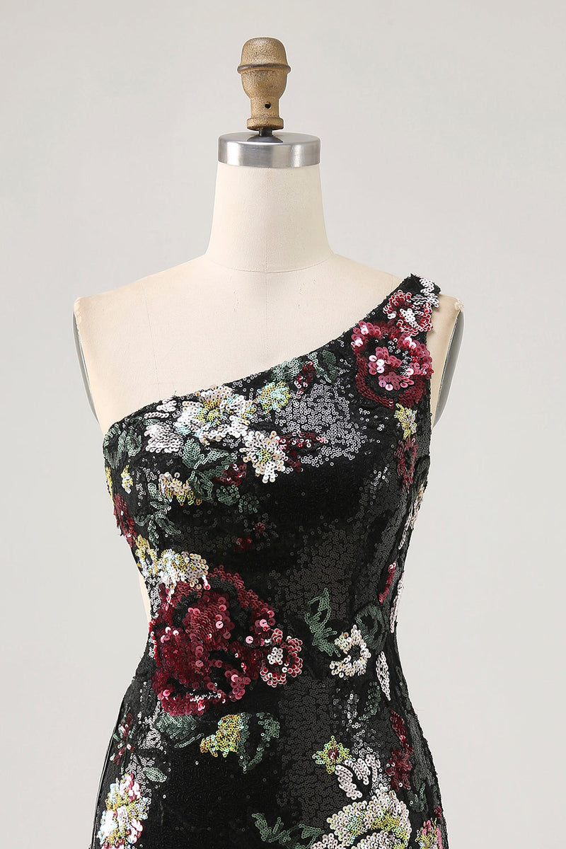 Load image into Gallery viewer, Sparkly Black Sequin Floral One Shoulder Short Prom Dress with Fringes