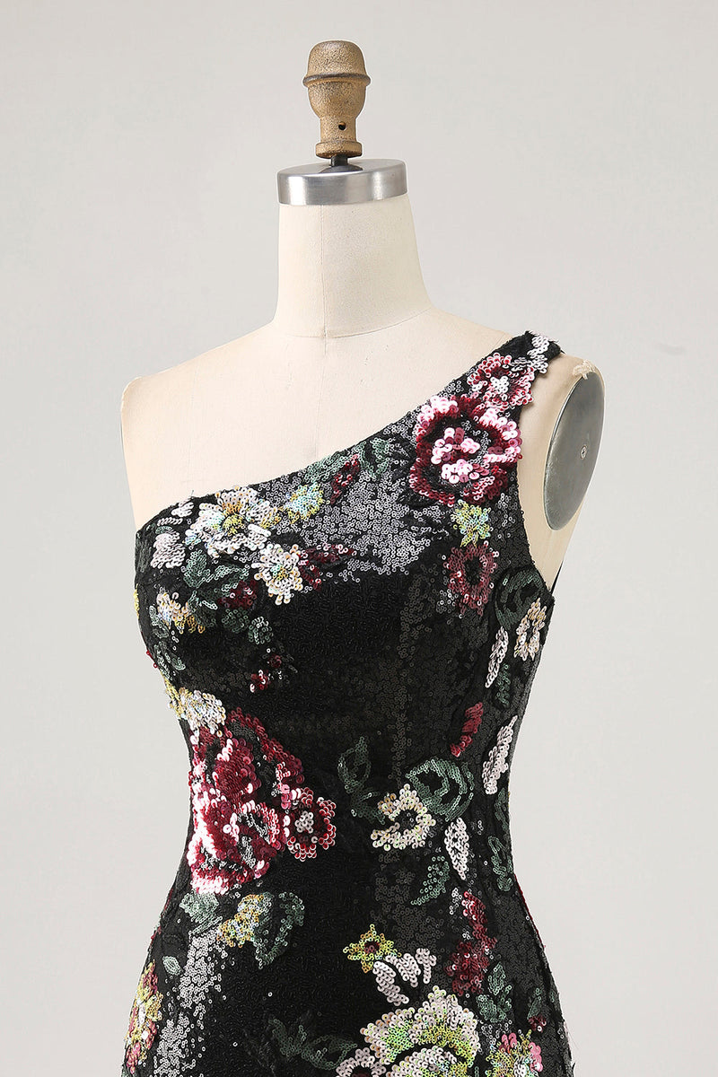 Load image into Gallery viewer, Sparkly Black Sequin Floral One Shoulder Short Prom Dress with Fringes