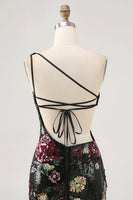Load image into Gallery viewer, Sparkly Black Sequin Floral One Shoulder Short Prom Dress with Fringes
