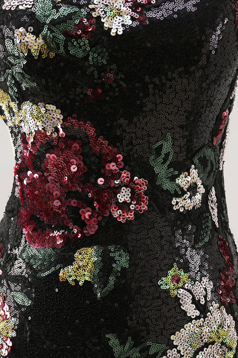 Load image into Gallery viewer, Sparkly Black Sequin Floral One Shoulder Short Prom Dress with Fringes