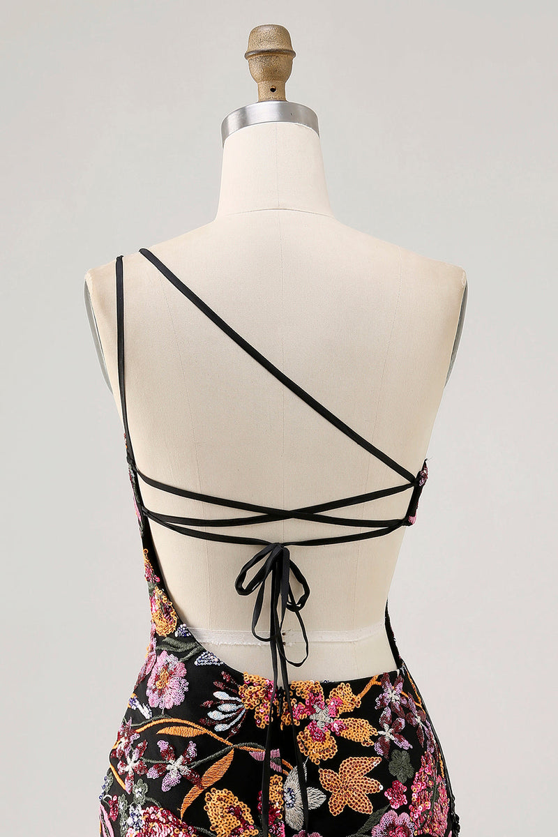 Load image into Gallery viewer, Sparkly Black Sequin Floral Short Prom Dress with Embroidery