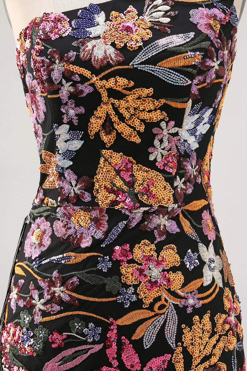 Load image into Gallery viewer, Sparkly Black Sequin Floral Short Prom Dress with Embroidery