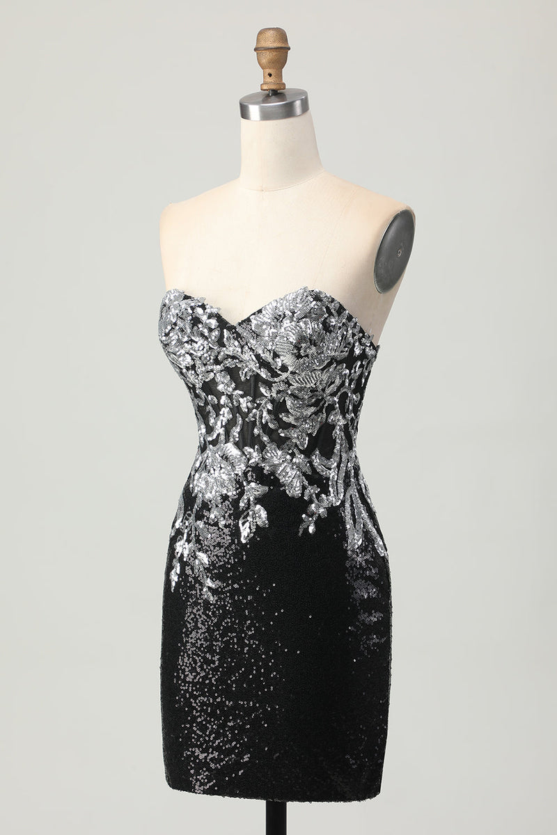 Load image into Gallery viewer, Sparkly Black Silver Sweetheart Tight Short Prom Dress with Sequins