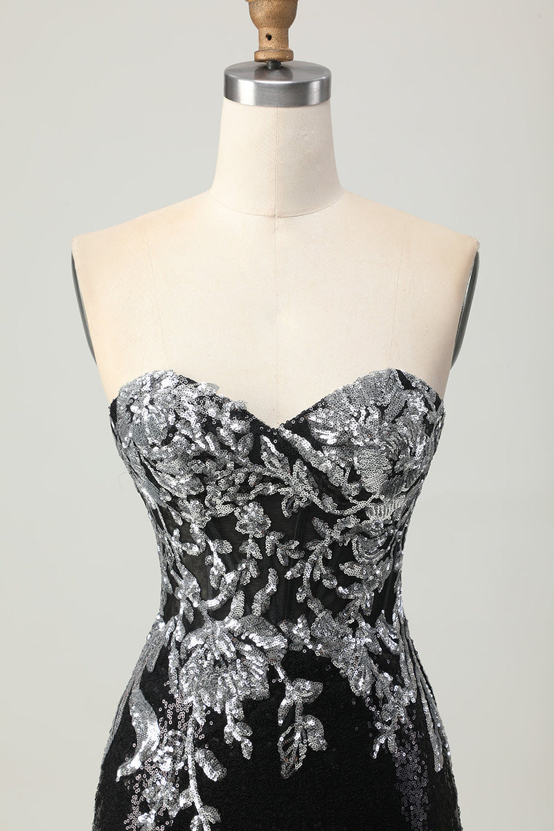 Load image into Gallery viewer, Sparkly Black Silver Sweetheart Tight Short Prom Dress with Sequins