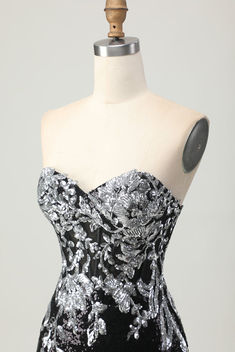 Load image into Gallery viewer, Sparkly Black Silver Sweetheart Tight Short Prom Dress with Sequins