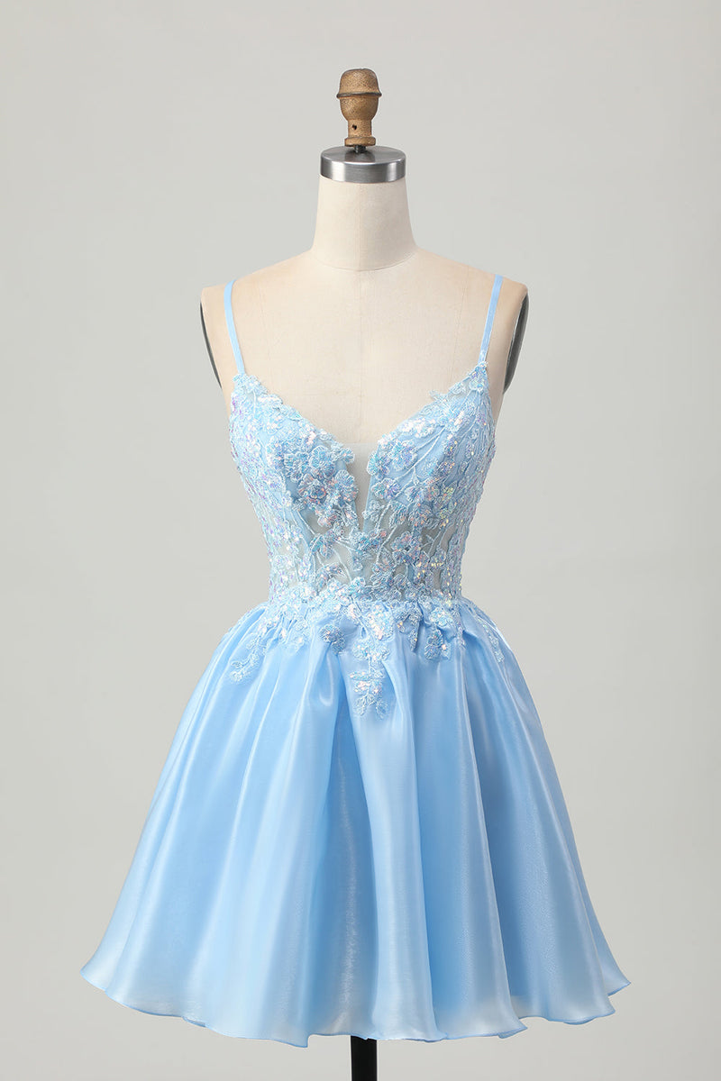 Load image into Gallery viewer, Sparkly Blue Corset A Line Short Prom Dress with Lace