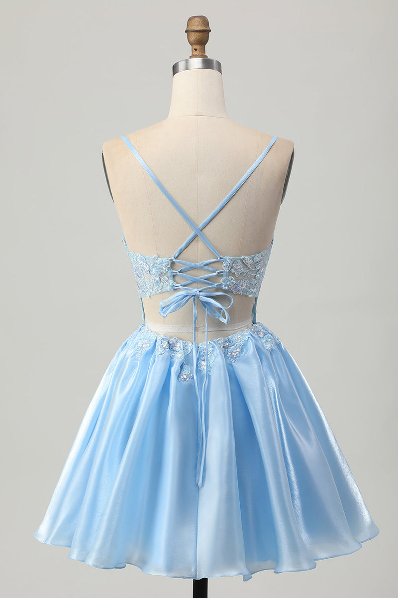 Load image into Gallery viewer, Sparkly Blue Corset A Line Short Prom Dress with Lace