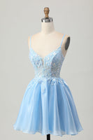 Load image into Gallery viewer, Sparkly Blue Corset A Line Short Prom Dress with Lace