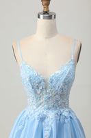 Load image into Gallery viewer, Sparkly Blue Corset A Line Short Prom Dress with Lace