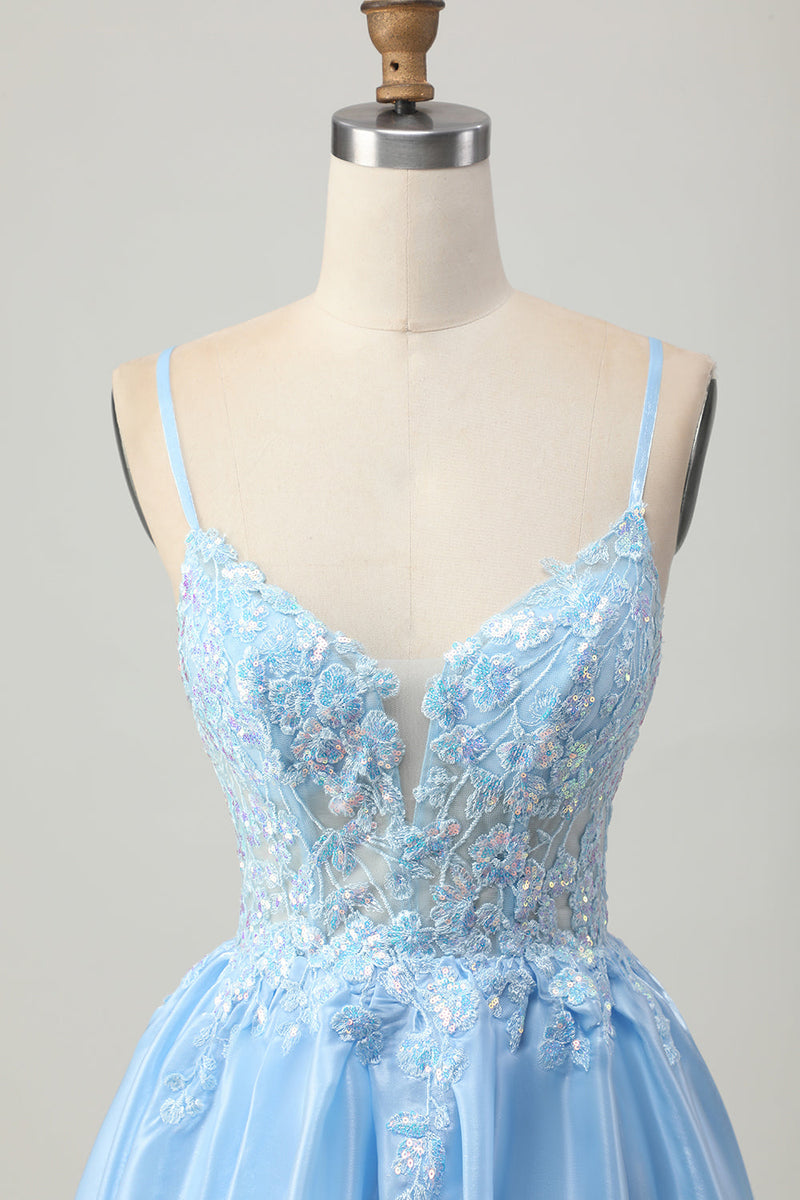 Load image into Gallery viewer, Sparkly Blue Corset A Line Short Prom Dress with Lace