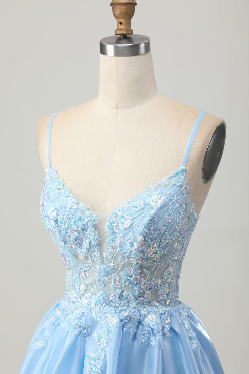 Load image into Gallery viewer, Sparkly Blue Corset A Line Short Prom Dress with Lace