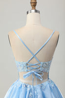 Load image into Gallery viewer, Sparkly Blue Corset A Line Short Prom Dress with Lace