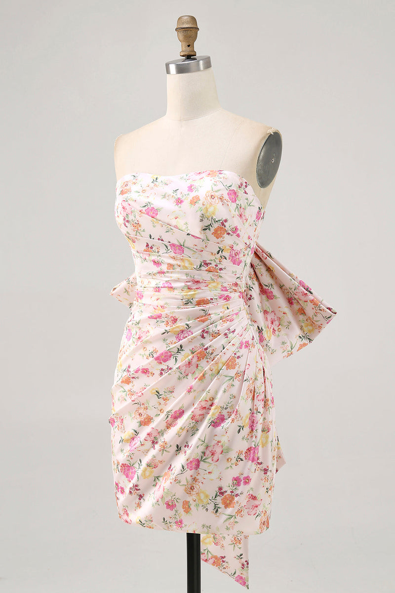 Load image into Gallery viewer, Pink Floral Strapless Ruched Short Prom Dress with Bow