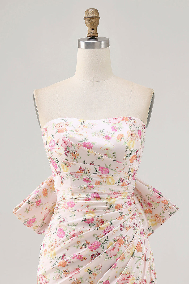 Load image into Gallery viewer, Pink Floral Strapless Ruched Short Prom Dress with Bow