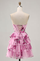 Load image into Gallery viewer, Pink Floral Short Sweetheart Corset Prom Dress with Ruffles