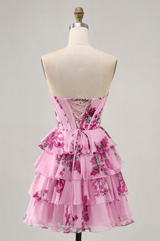 Pink Floral Short Sweetheart Corset Prom Dress with Ruffles
